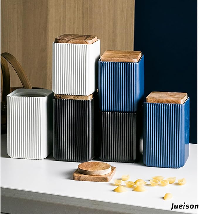 Ceramic Storage Jars Modern Elegant Highly Polished Airtight Storage Canisters with Lid Whiteware Food Stroage Jar for Kitchen Spice Tea Vanilla Sugar Coffee Beans (Blue-750ML)