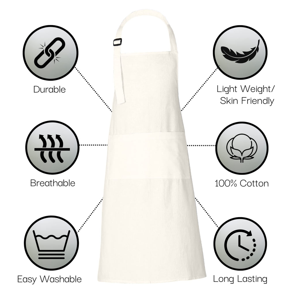 RAJRANG Chef Apron for Women Men with Pockets Cotton Kitchen Cooking Full Length Plain Aprons Marshmallow 35x27 Inches, Pack of 2