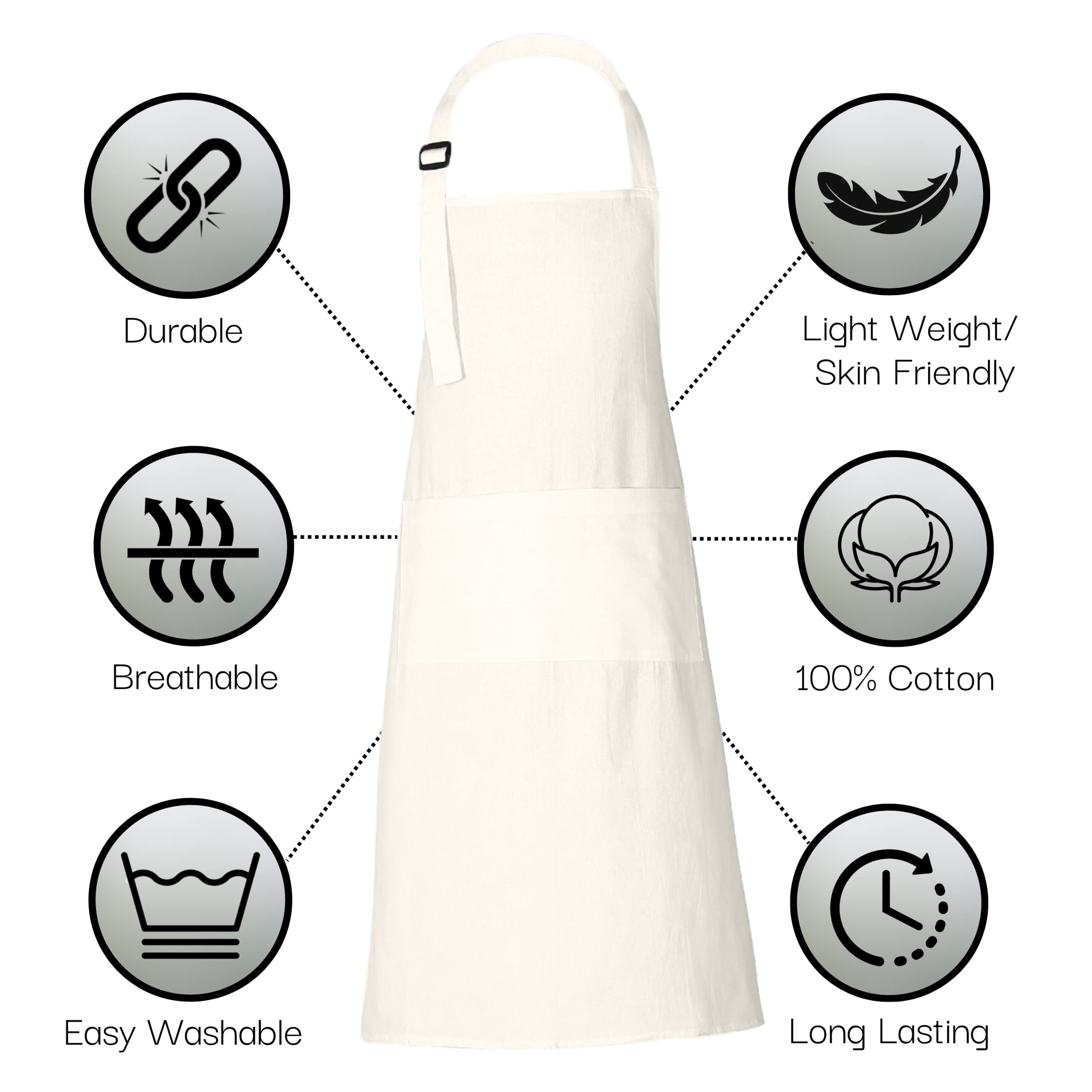 RAJRANG Chef Apron for Women Men with Pockets Cotton Kitchen Cooking Full Length Plain Aprons Marshmallow 35x27 Inches, Pack of 2