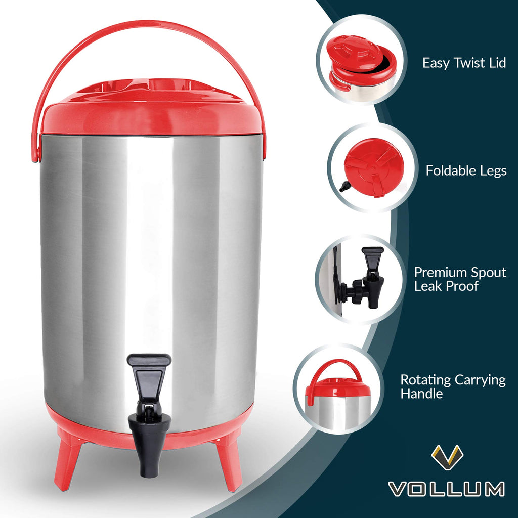 Vollum Stainless Steel Insulated Beverage Dispenser – Insulated Thermal Hot and Cold Coffee Carafe – 10 Liter Drink Dispenser with Spigot for Hot Water, Tea & Coffee, Cold Milk, Juice & More RED