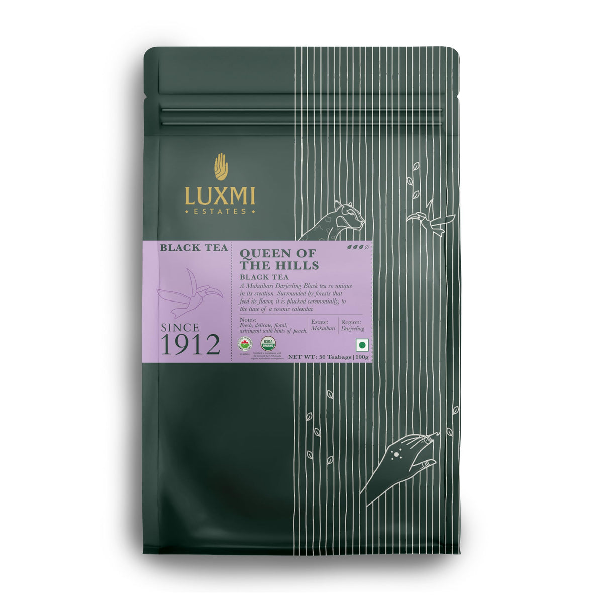 Luxmi Estates Queen of the Hills Organic Black Tea (50 Tea Bags) Caffeinated Tea Bags For A Morning Boost and Natural Energy, With Certified Organic Darjeeling Makaibari Black Tea
