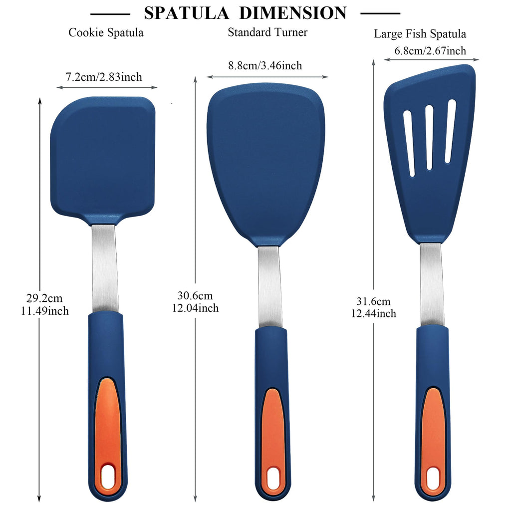 To encounter 3 Pieces Silicone Spatula Set, Heat Resistant Flexible Turner Spatulas, Nonstick Cookie Spatula, Fish Spatula, Dishwasher Safe, Navy Blue