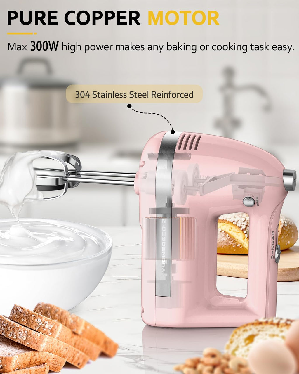 Z-DESDEMONA Electric Hand Mixer, Powerful Hand Mixer Electric Handheld with 304 Beaters, Dough Hook, Whisk, Hand Held Mixer with Turbo for Baking Cakes, Eggs, Cream Food(Pink)