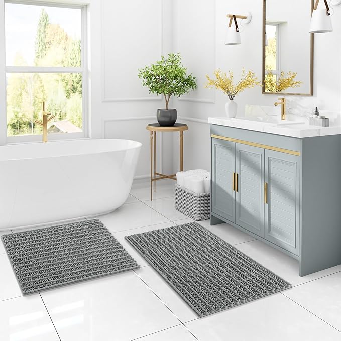 Arotive Luxury Chenille Bathroom Rug Mat, Extra Soft Thick Absorbent Shaggy Bath Rugs, Non-Slip Machine Wash Dry, Plush Bath Mats for Bathroom, Shower and Tub, 45x27, Grey