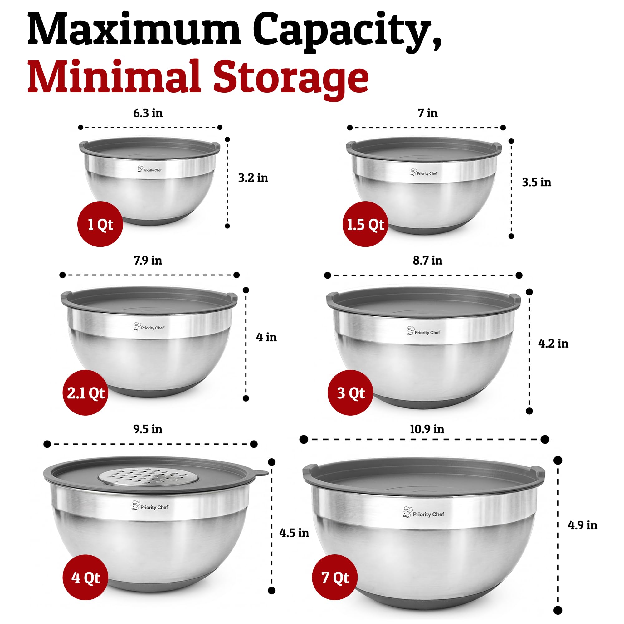 Priority Chef 6pc Stainless Steel Mixing Bowls with Lids Set, 7 Qt, Grey
