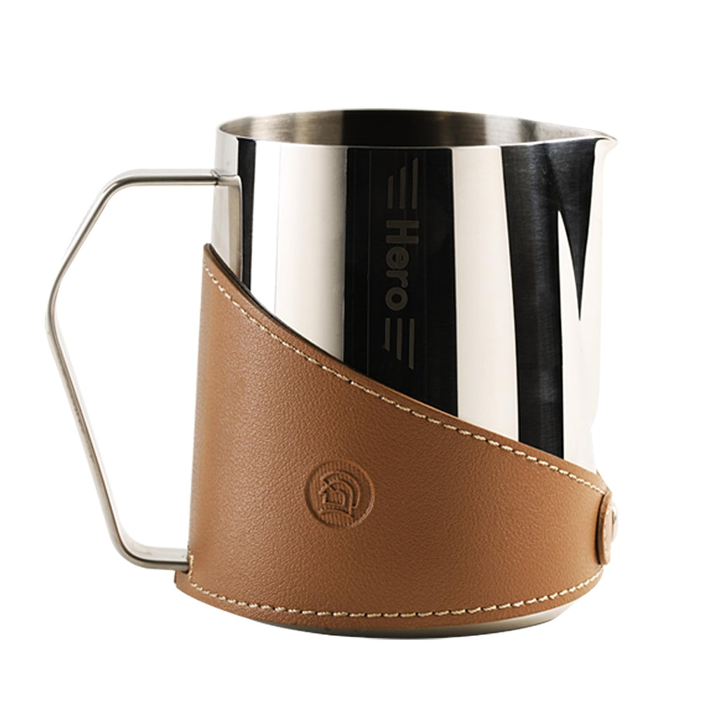 CUFEJORO Milk Frothing Pitcher 450ml/16oz 304 Stainless Steel Espresso Steaming Pitcher with PU Leather, Milk Frothing Jug,milk frother cup,Milk Jug Cup,Premium Barista Tools,Latte Art (Bright 20oz)