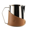 CUFEJORO Milk Frothing Pitcher 450ml/16oz 304 Stainless Steel Espresso Steaming Pitcher with PU Leather, Milk Frothing Jug,milk frother cup,Milk Jug Cup,Premium Barista Tools,Latte Art (Bright 20oz)