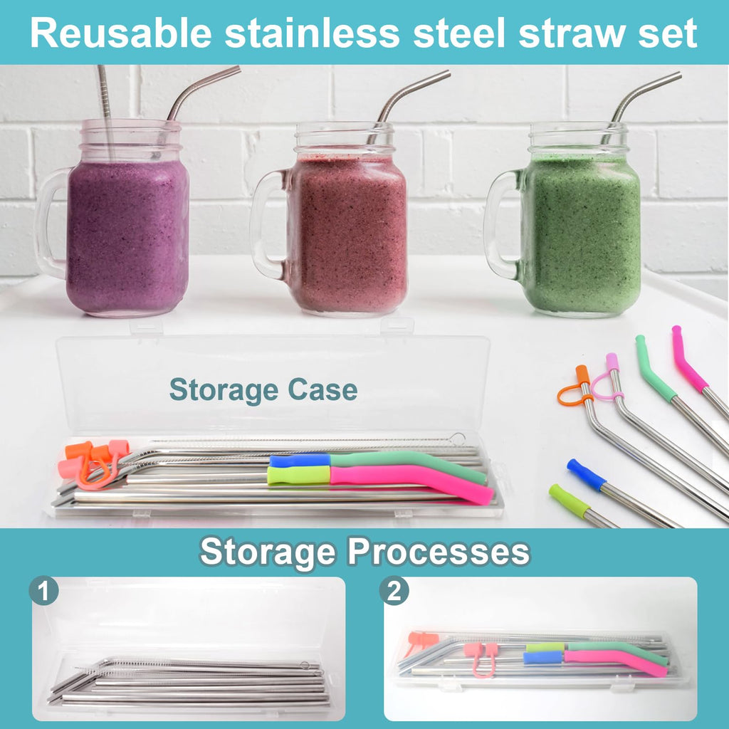 Reusable Stainless Steel Straws Set 6 PCS with 6 Silicone Tips, 2 Straw Brush, 1 Storage Case, Different Sizes of Metal Straws Reusable, Suitable for 14, 20, 30 oz Cups Tumbler, for Hot/Cold Drinks