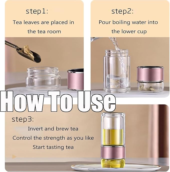 Tryteava Glass Infuser, Tryteava 3-in-1 Smart Tea Infuser, Portable Glass Double Wall Tea Infusers Bottle, with Stainless Steel Filter, Hot & Cold Brew, For Loose Leaf, Office Home (Black, 350ml)