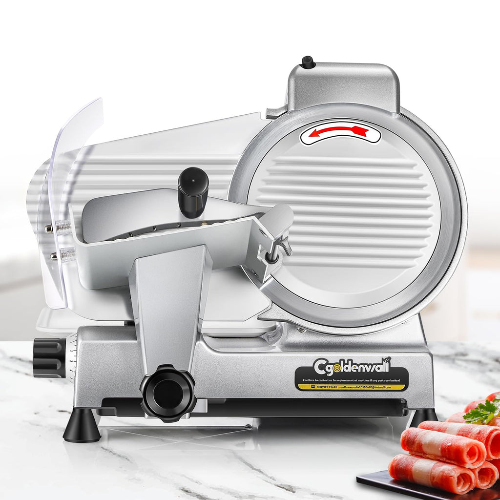 CGOLDENWALL Meat Slicer Machine, 10" 240W Electric Deli Meat Cheese Food Slicer, 0-1/2" Adjustable Thickness Semi-Auto Frozen Meat Slicer for Home & Commercial, Copper Motor Low Noise Durable