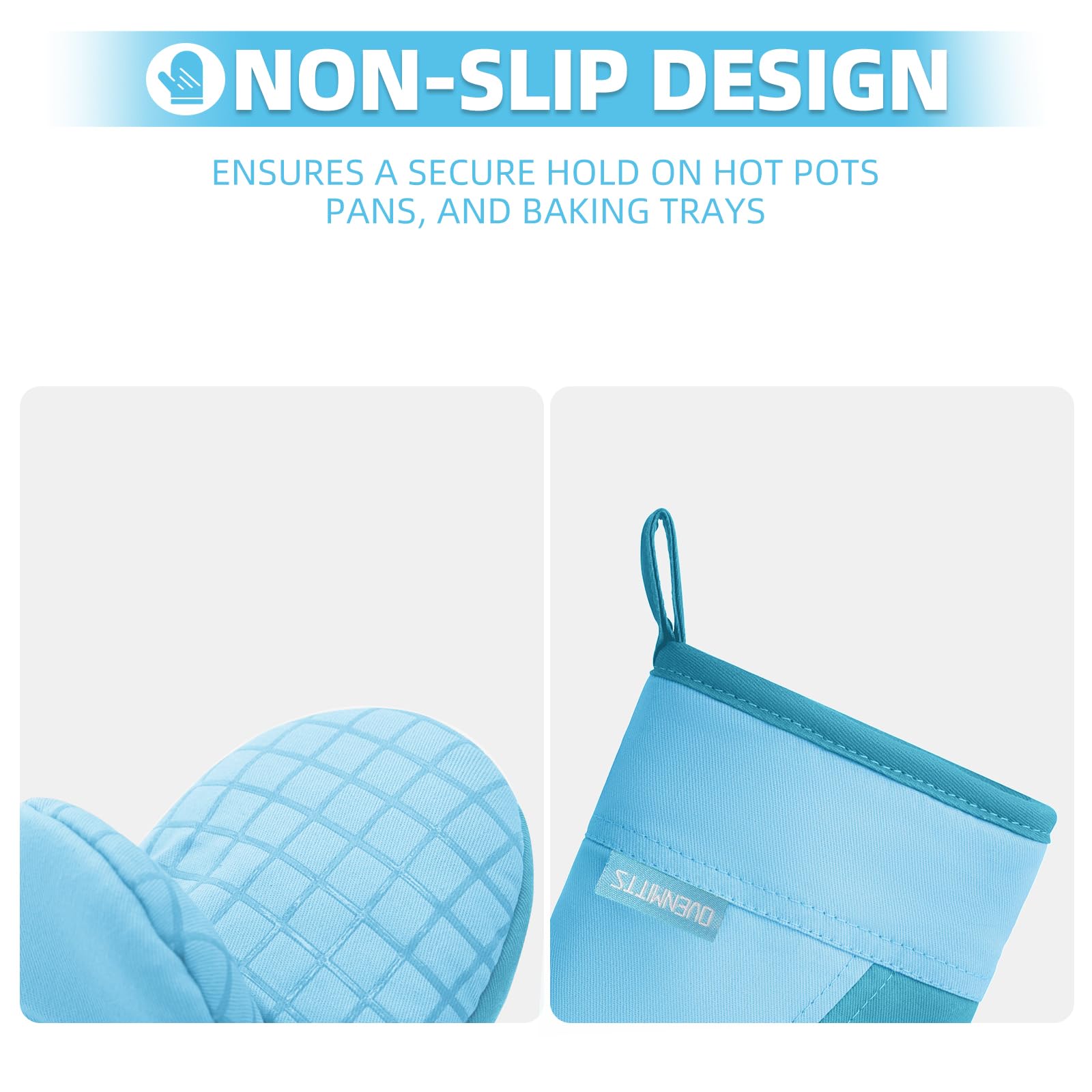 Mini Oven Mitts, Kitchen Oven Gloves Kitchen Mittens 500 Degrees Heat Resistant Baking Gloves, Non-Slip Silicone Surface with Hanging Loops Hot Gloves for Cooking, Baking, BBQ 1 Pair-Blue