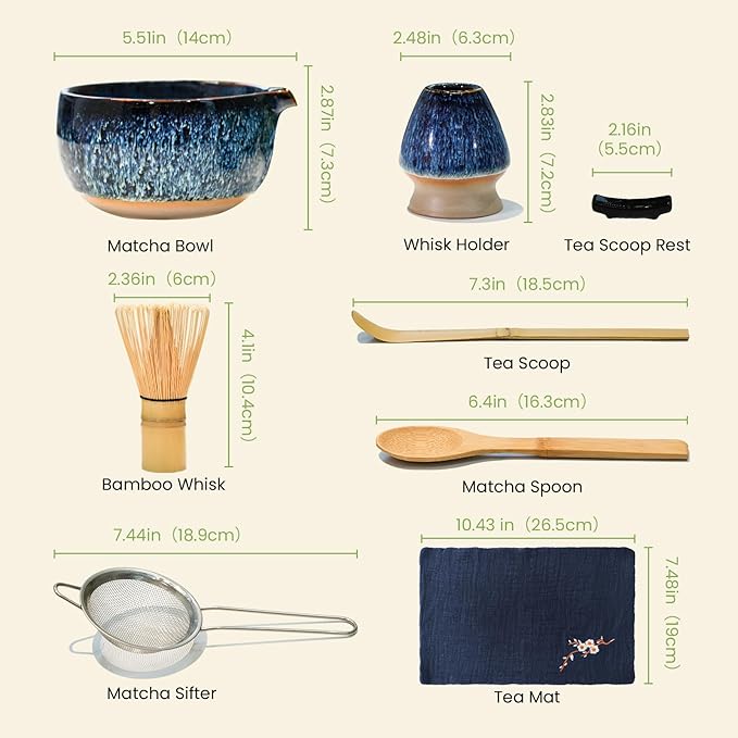 Matcha Whisk Set, Ceramic Matcha Set Includes Matcha Bowl, Matcha Whisk & Holder, Scoop, Sifter, Spoon, Scoop Rest, Tea Mat, User Manual - 9 Pcs Matcha Kit for Matcha Lovers (Blue)