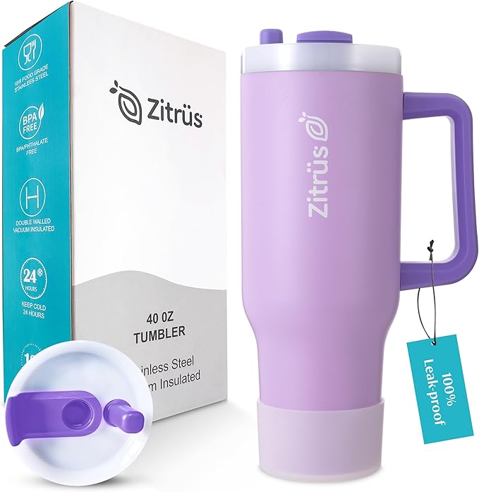 40 oz Tumbler with Handle and Straw | Leak Proof Insulated Stainless Steel Water Bottle Travel Mug Fits in Cup Holder | Keeps Cold Hot | Gifts for Women Men Him Her (Violet, 40 oz)