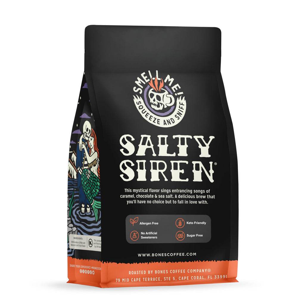 Bones Coffee Company Salty Siren, Sea Salted Caramel Chocolate Flavored Coffee, Medium Roast Low Acid Arabica Beans Compatible with Auto drip and French Press Coffee Maker, 12 Oz Whole Bean