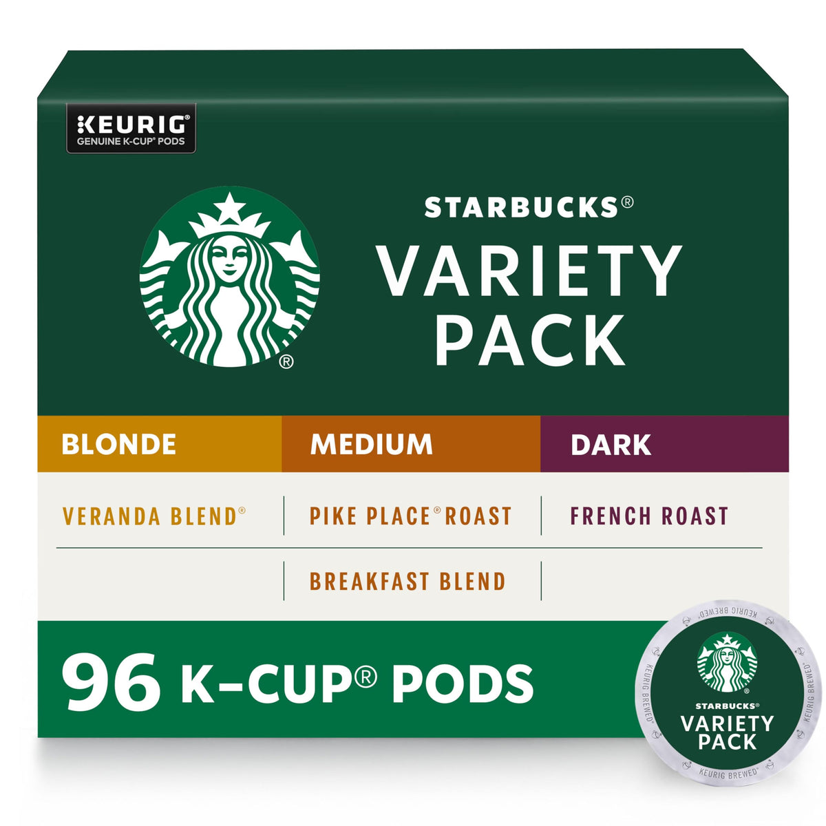 Starbucks K-Cup Coffee Pods, Starbucks Blonde, Medium and Dark Roast Hot or Iced Coffee, Variety Pack, 96 Keurig Pods