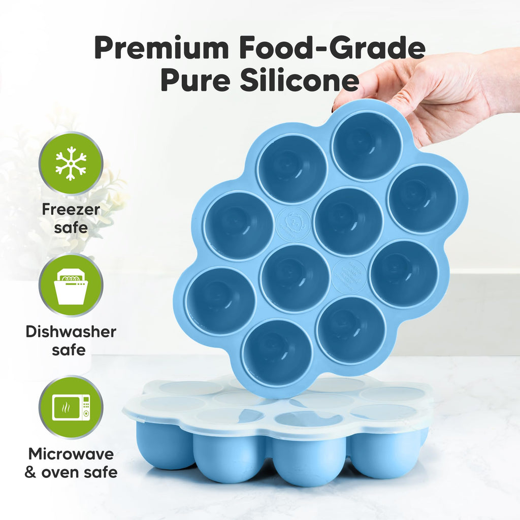 KeaBabies Silicone Food Freezer Trays with Lid, 2oz x 10 Pods (Misty Blue)