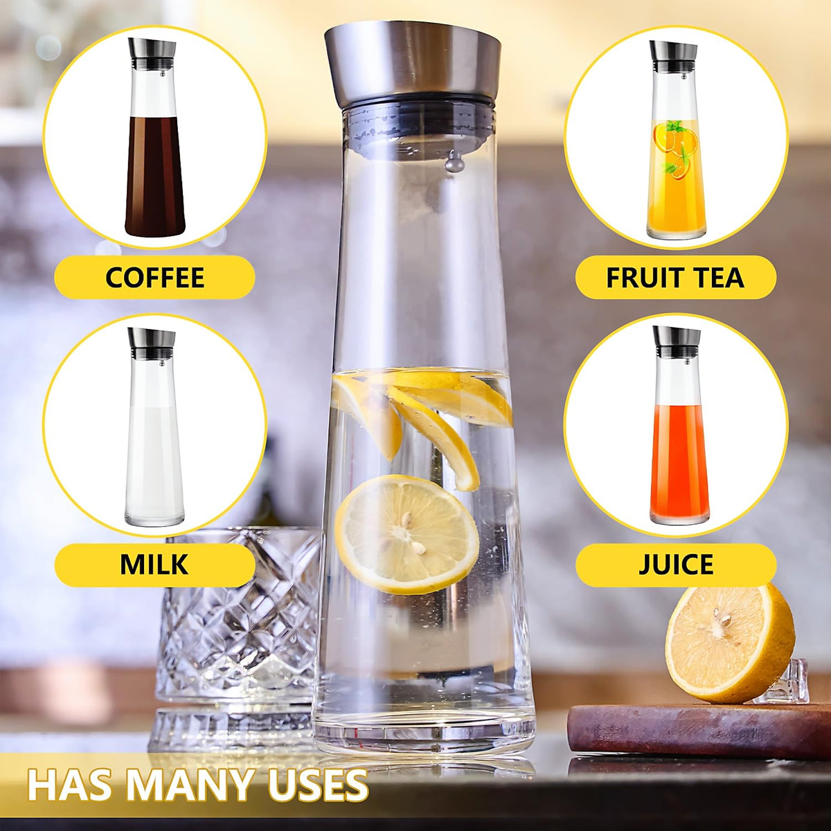 GLASKEY Glass Water Carafe with Lid,1200ml Borosilicate Glass Juice Pitcher with Stainless Steel Gravity Lid,Clear Water Pitcher for Ice Tea, Lemonade, Coffee,Juice Beverage,40 oz