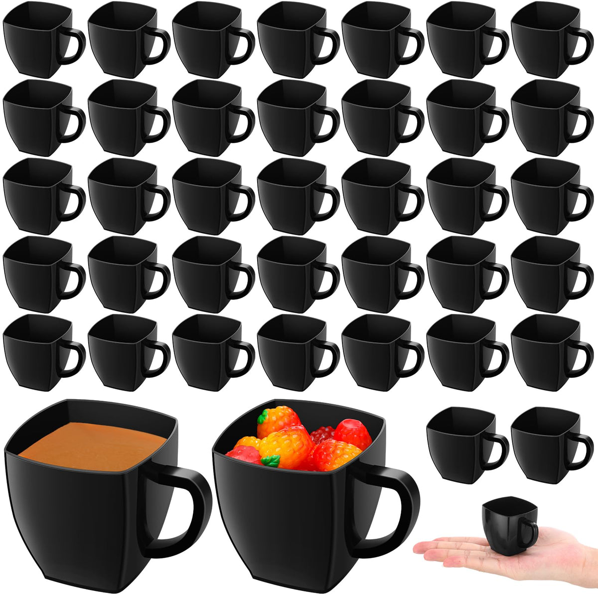 Amyhill 50 Pcs Mini Disposable Tea Cups with Handle, 2oz Hard Plastic Coffee Mug Bulk Plastic Square Disposable Espresso Cups for Wedding Tea Party Catering Dessert Sampling (White)