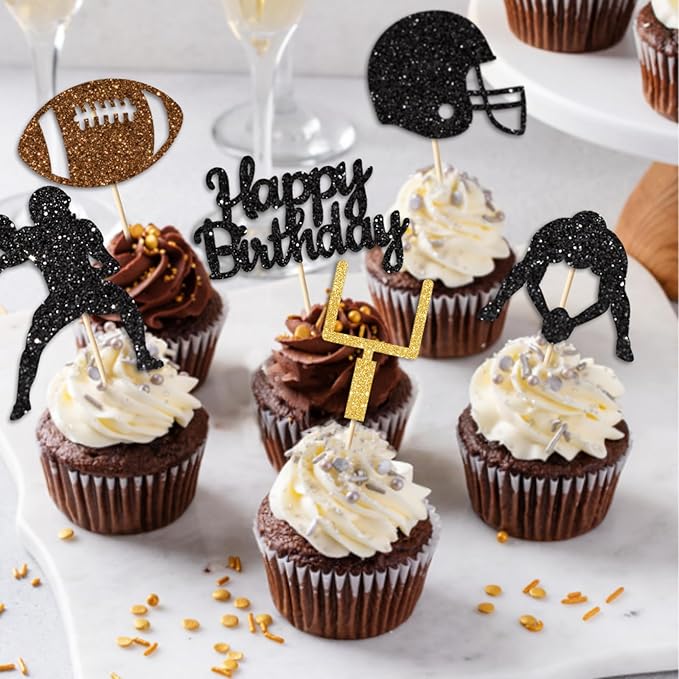 36PC Football Cupcake Toppers for Birthday,Glitter Football Cake Toppers for Boys Birthday,Football Birthday Party Decorations Supplies