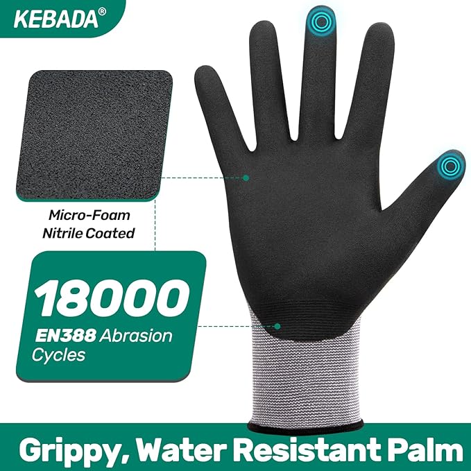 Kebada W2 Work Gloves for Men and Women, Nitrile Coated Working Gloves for Gardening, Construction, Warehouse, Safety Gloves for Work in Yard and Outdoors, 6 Pairs, XL