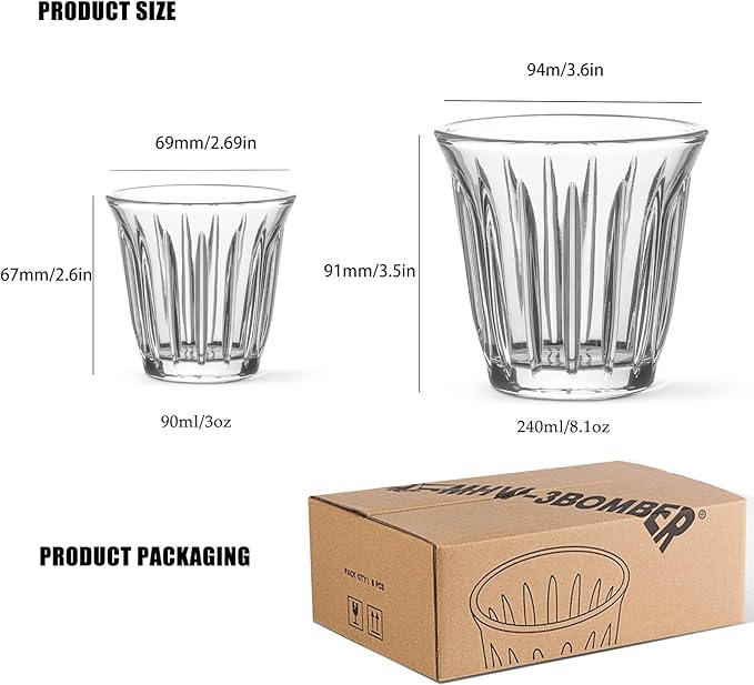 MHW-3BOMBER Coffee Glasses Set of 6 Drinking Glasses 8.1OZ Latte Glasses for Espresso, Whiskey, Vodka, Spirits & Liquors G6193-OS