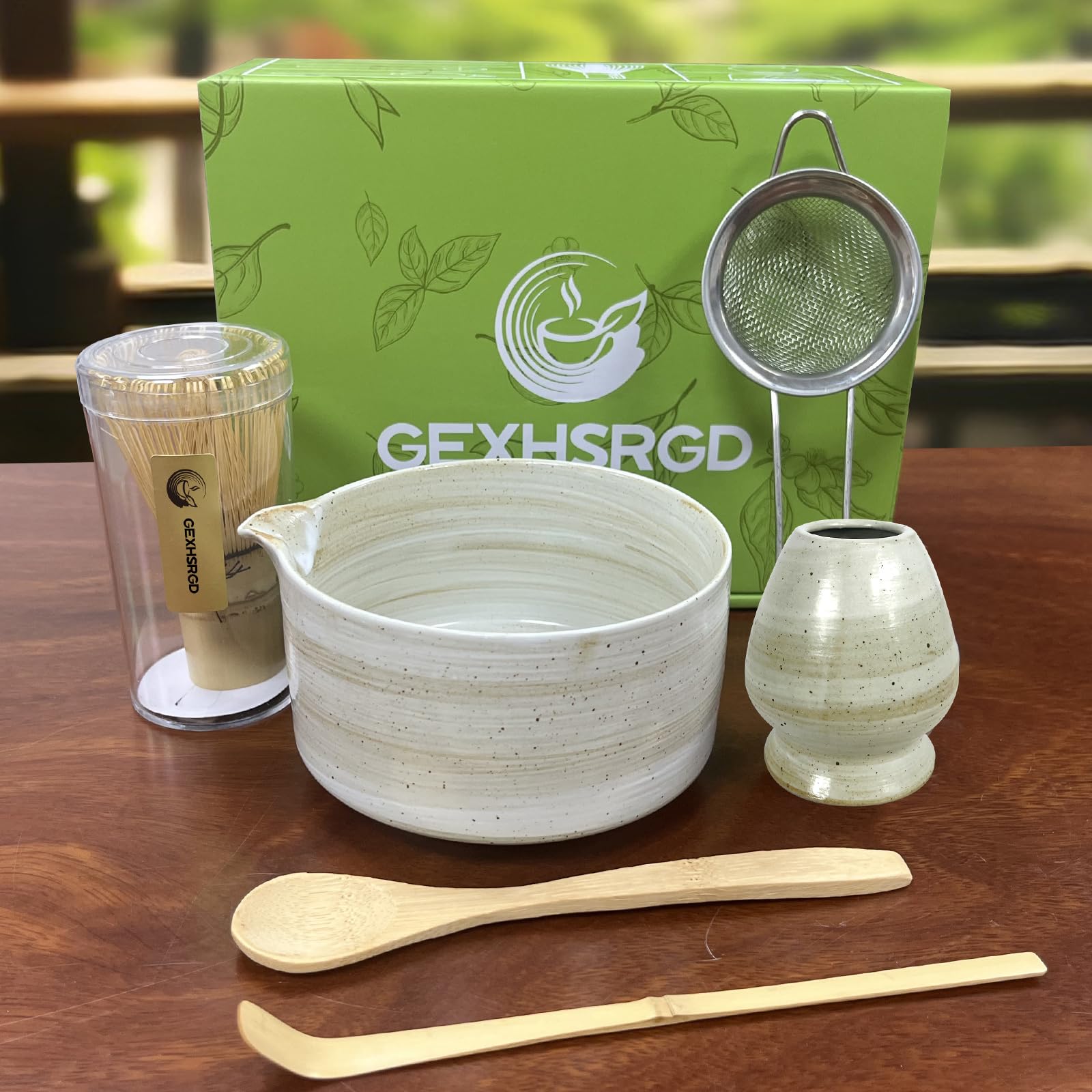 GEXHSRGD Matcha Whisk Set 6 pc Kit - Traditional Japanese Chasen, Bamboo Whisk Holder, Ceramic Bowl with Spout, Sifter & 2 pc Spoons - matcha kit set, Gift for Matcha Tea Lovers(Gray)