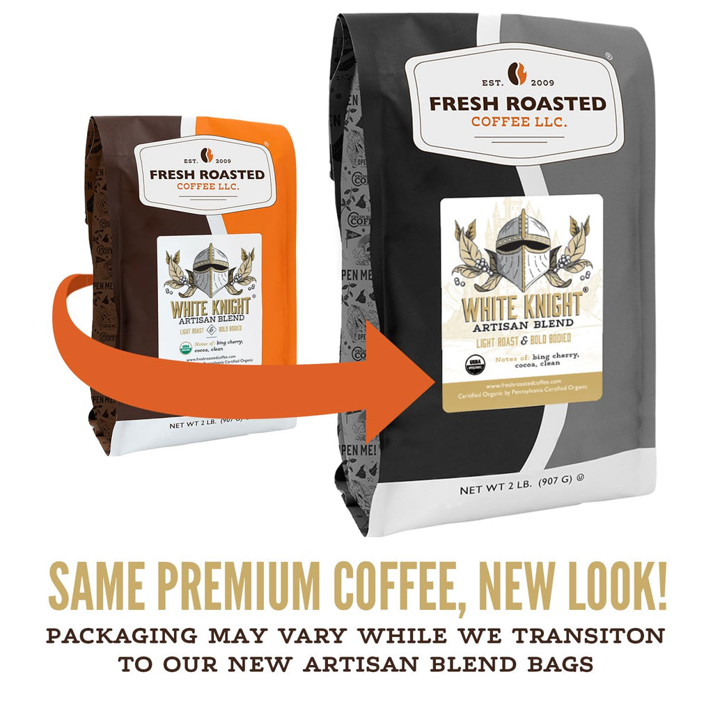 Fresh Roasted Coffee, Organic White Knight Whole Bean Coffee, Light Roast, USDA Organic, Kosher, 5 lb (80 oz)