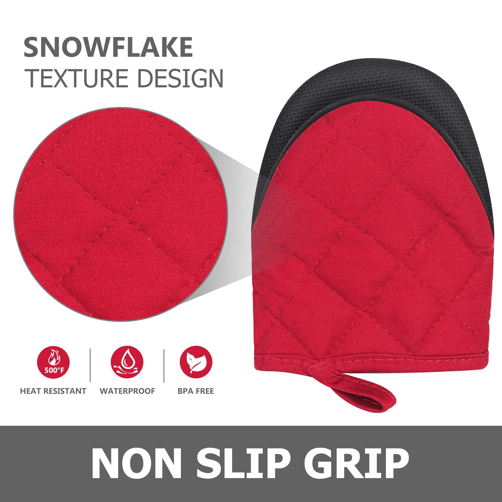Short Oven Mitts, Heat Resistant 500°F, Silicone Grip Kitchen Gloves, Non-Slip for Baking, Grilling, BBQ, Machine Washable with Hanging Loop, 2-Pack Set, Red