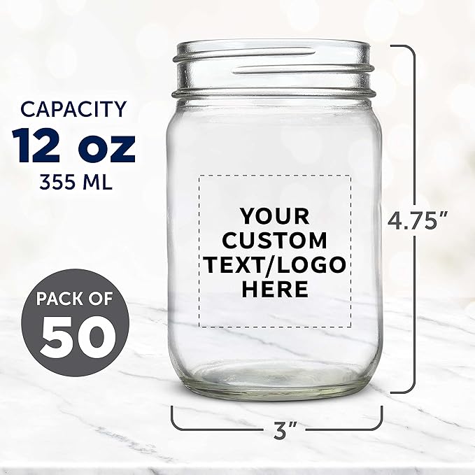 DISCOUNT PROMOS Custom Decorating Mason Jars 12 oz. Set of 50, Personalized Bulk Pack - Glass Jars for Overnight Oats, Candies, Fruits, Pickles, Spices, Beverages - Clear
