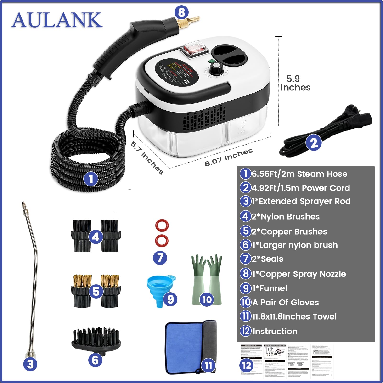 Steam Cleaner, Portable Pressurized Steamer for Cleaning with 14pcs Accessories, 6-Level Adjustable,15s Heat-Up, Handheld Steam Cleaner for Home, Tile, Dirt, Grout, Grease, Car Detailing (03-White)