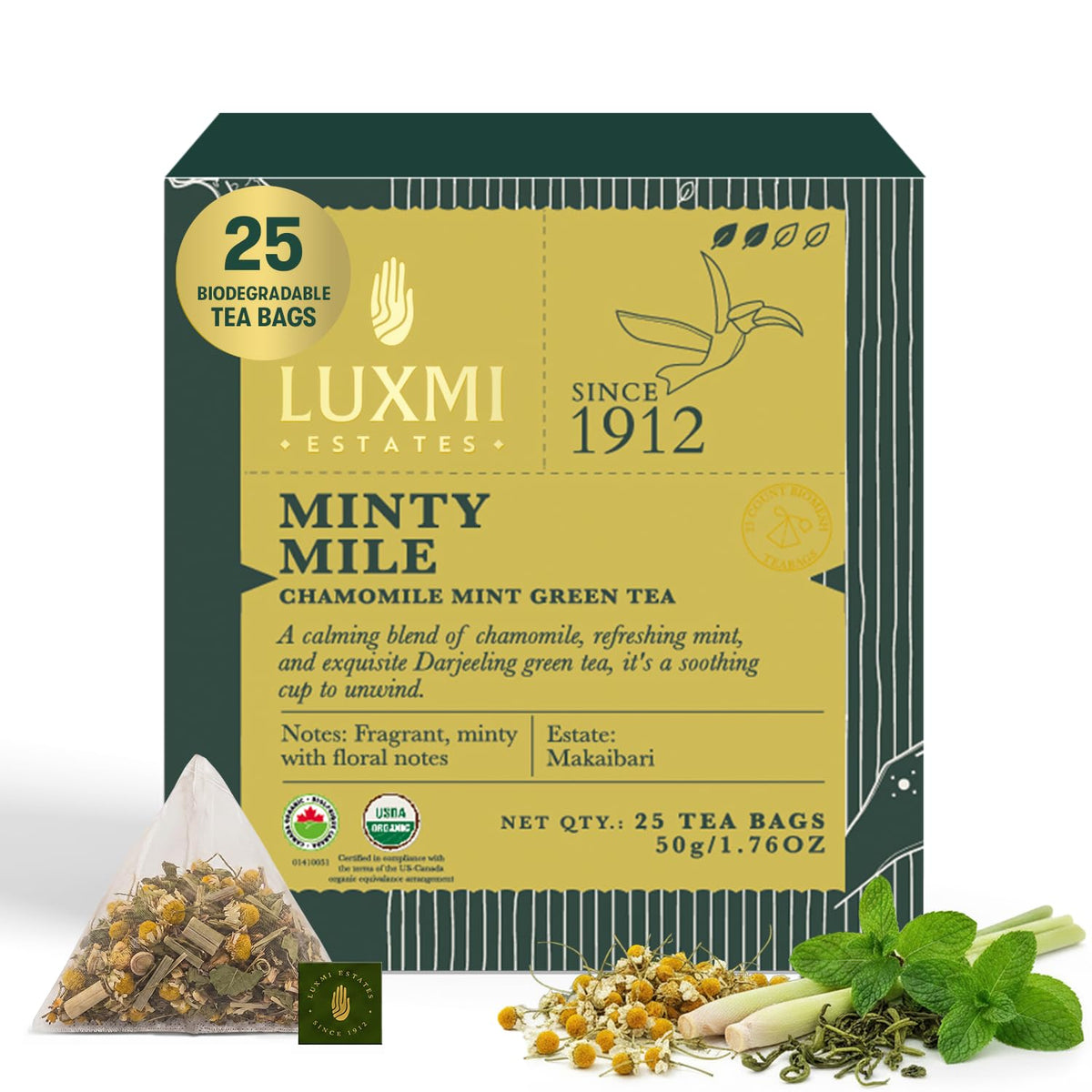 Luxmi Estates Minty Mile Organic Chamomile Mint Green Tea (25 Tea Bags) Low Caffeine Tea Bags For Relaxing, Calming, and Stress Relief, With Certified Organic Darjeeling Makaibari Green Tea