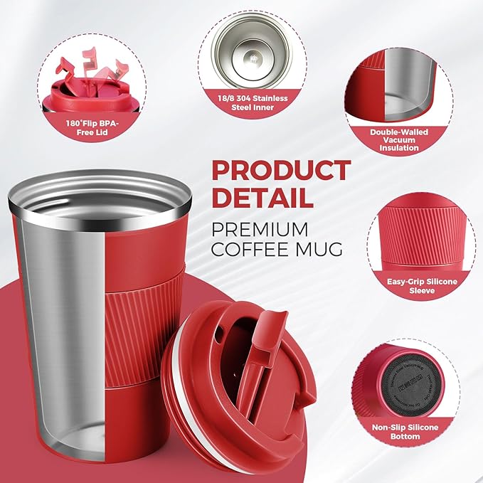 Volhoply 13 oz Stainless Steel Insulated Travel Coffee Mug with Fip Lid Bulk 2 Pack,Reusable Double Wall Vacuum Metal Coffee Cup,Portable Leak Proof Thermal Tumbler for Hot & Cold Drinks(Red,2)