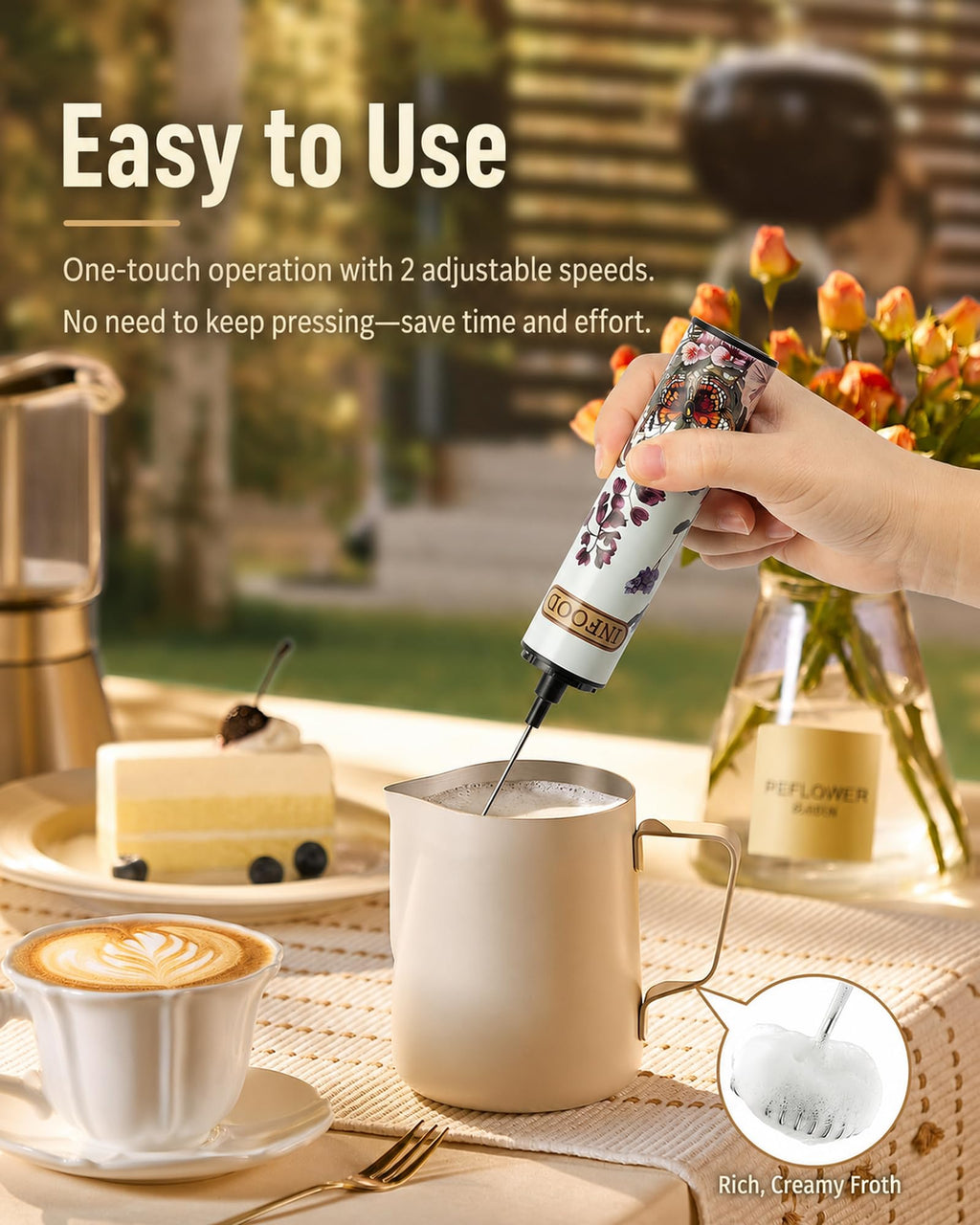 INFOOD Rechargeable Milk Frother with Cover, 2-Speed, 2 Whisks, Floral