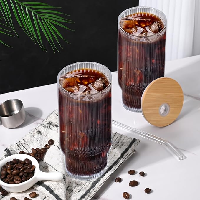16OZ Ribbed Glass Cups with Lids and Straws,Iced Coffee Cups with Bamboo Lid,Vintage Glassware for Whiskey Cocktail Beer Fruit Juice Glasses Tumbler(6 Pack)