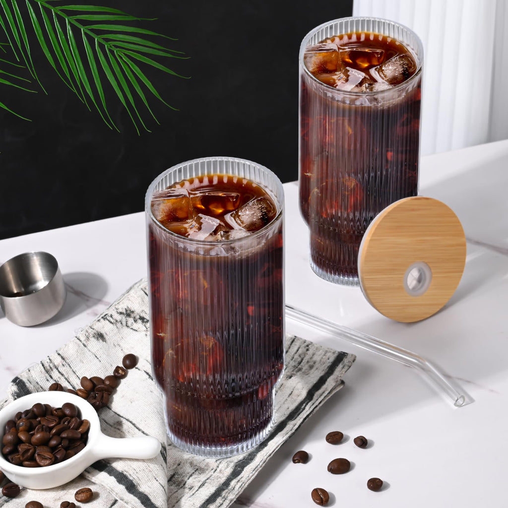 AFINSEA 16OZ Ribbed Glass Cups with Lids and Straws,Iced Coffee Cups with Bamboo Lid,Vintage Glassware for Whiskey Cocktail Beer Fruit Juice Glasses Tumbler(4 Pack)
