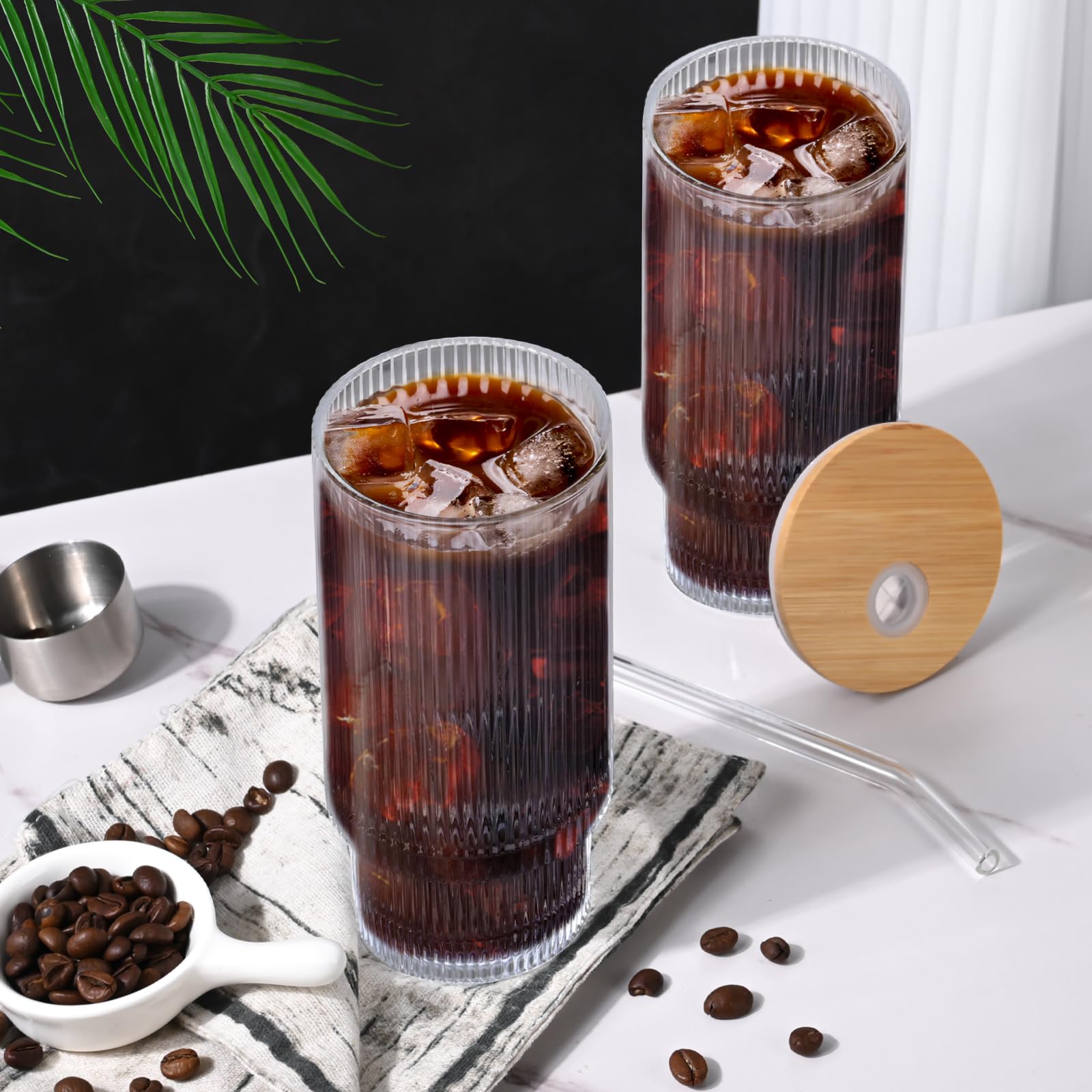 AFINSEA 16OZ Ribbed Glass Cups with Lids and Straws,Iced Coffee Cups with Bamboo Lid,Vintage Glassware for Whiskey Cocktail Beer Fruit Juice Glasses Tumbler(4 Pack)
