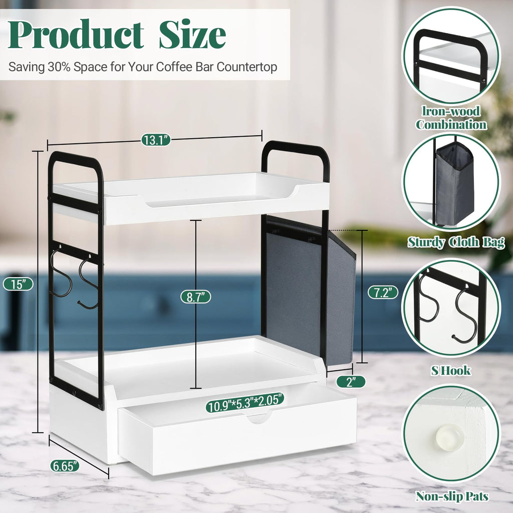 Coffee Station Organizer for Counter, Condiment Storage Caddy for Kitchen with Hooks and Bag,2 Tier Wooden Shelf for Coffee Bar Accessories,Coffee Bar Organizer for Kitchen, Home, Office-White