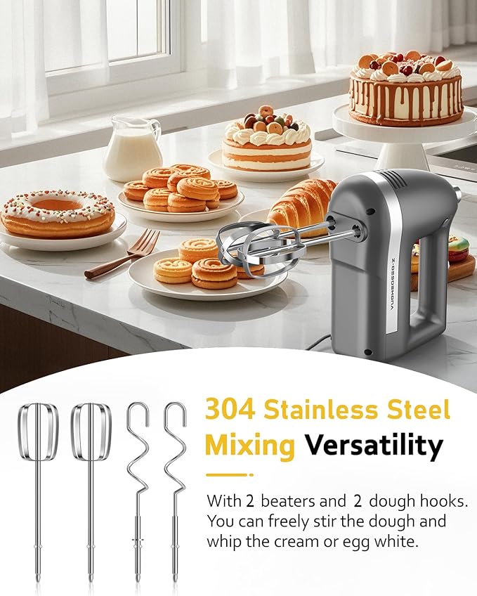 Electric Hand Mixer, Powerful Hand Mixer Electric Handheld with 304 Beaters, Dough Hook,Hand Held Mixer with Turbo for Baking Cakes, Eggs, Cream Food(Grey)