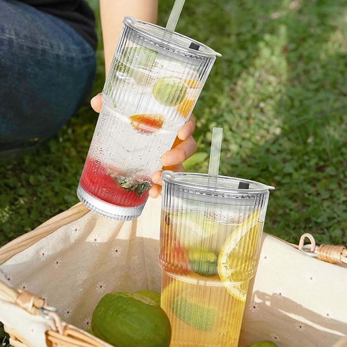 20oz Ribbed Drinking Glasses with Lids and Glass Straws-Thickened Glass cup -Vintage glass straw cups- Ideal for Iced Coffees, Cocktails, Juices, Family Use and Parties (6)