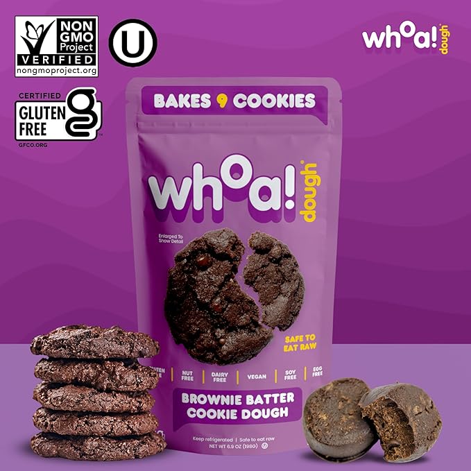 Whoa Dough Ready to Bake Cookie Dough Brownie Batter – Certified Non-GMO, Kosher, Gluten Free – Plant-Based Snack Dough Made with Real Ingredients – 24 Pack