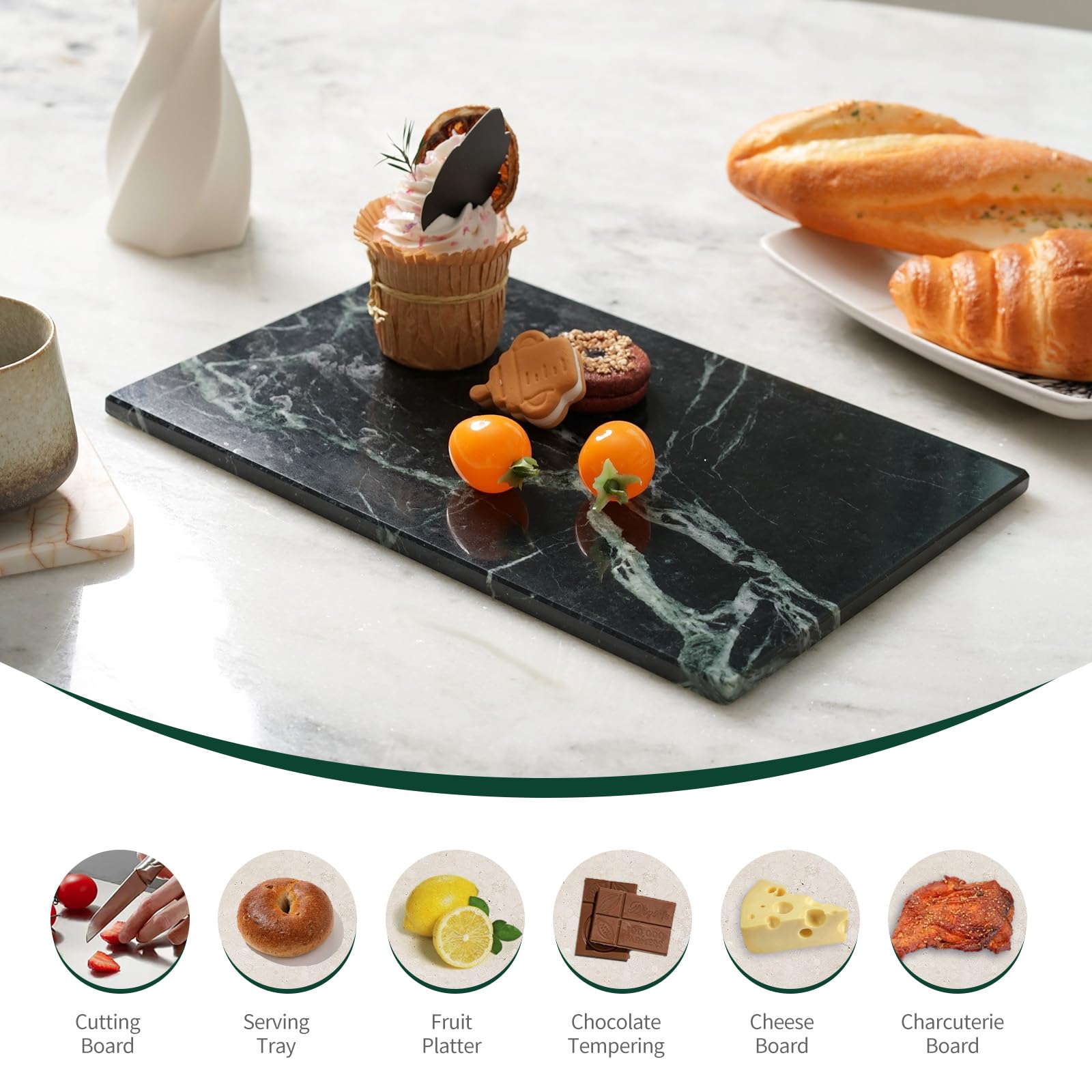 Koville Natural Green Marble Cutting Board for Kitchen Pastry Bread Macaron Display, 12" x 8" Real Stone Slab Marble Cheese Board for Home Countertop, Bathroom Perfume Tray Candle Plate