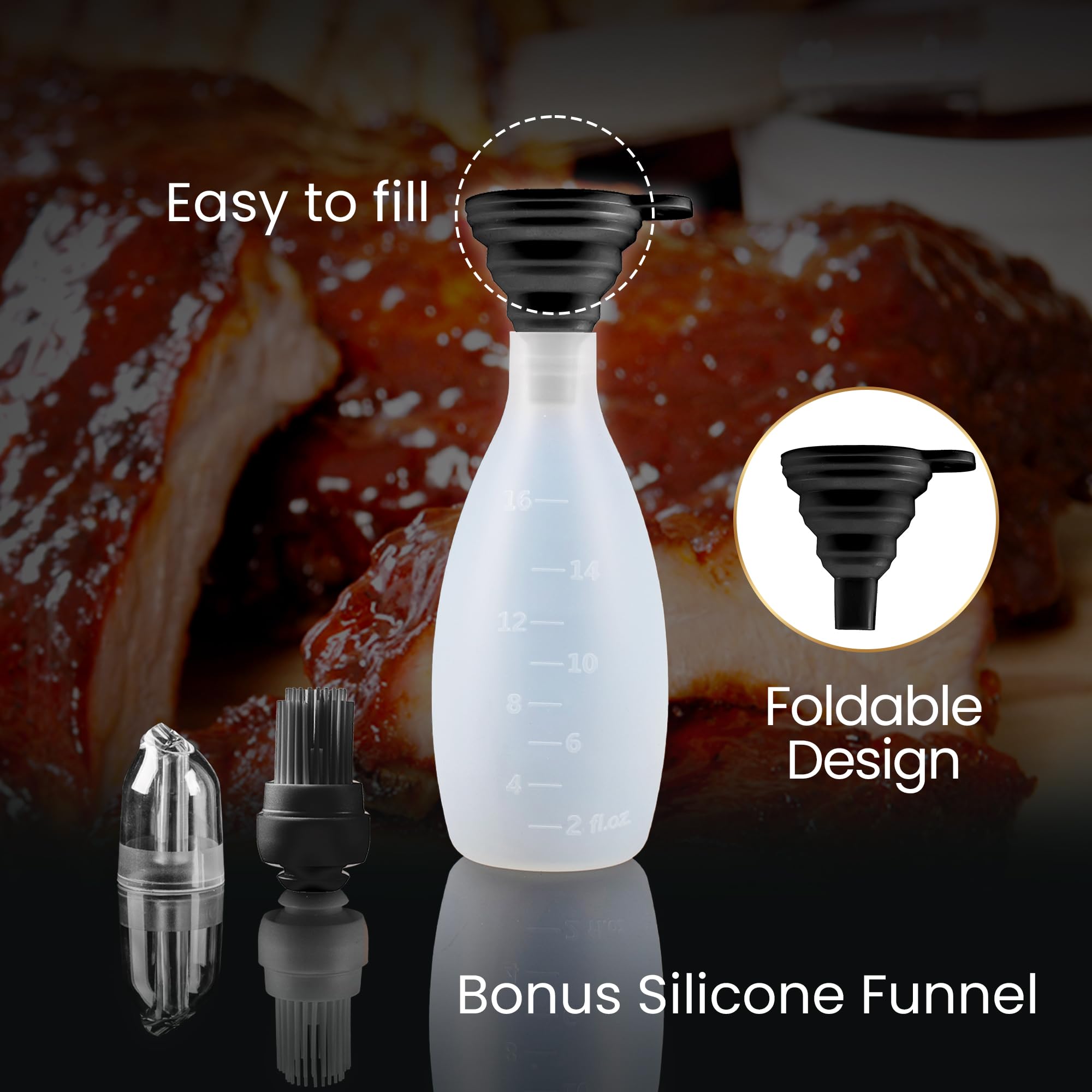 Gourmet Easy BBQ Sauce Bottle with Silicone Basting Brush, BPA-Free (Black)