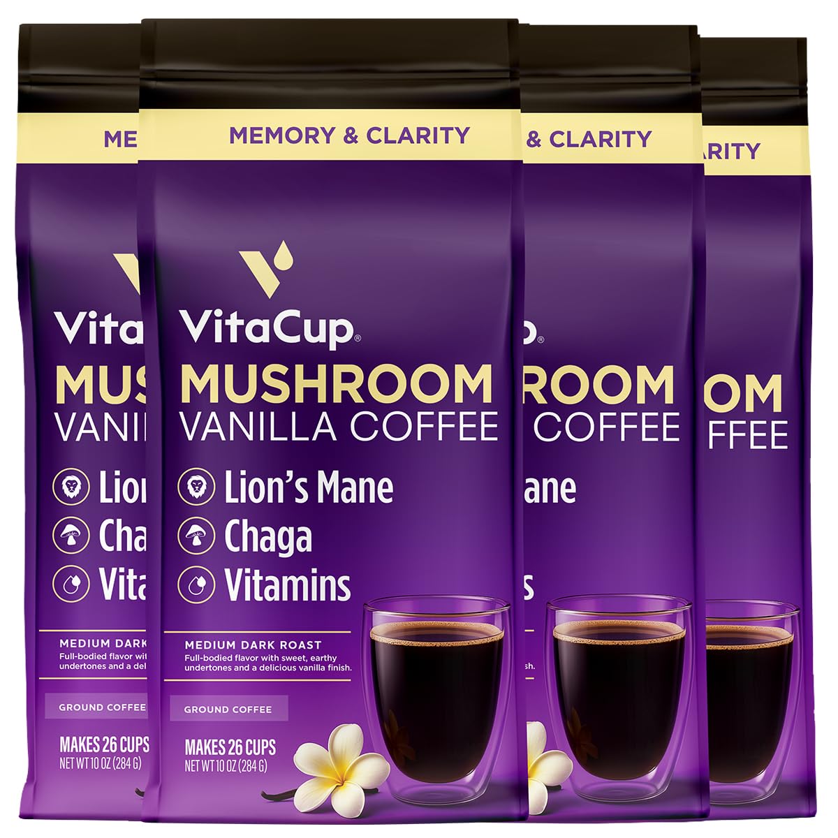 VitaCup Mushroom Vanilla Flavored Medium Roast Ground Coffee, 40oz, 4 Bags