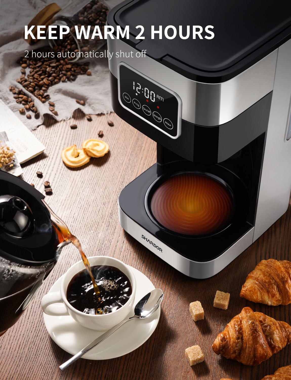 SHARDOR 10-Cup Programmable Coffee Maker, Regular & Strong Brew Drip Coffee Machine for Home and Office, Auto Shut Off, Permanent Filter, Silver