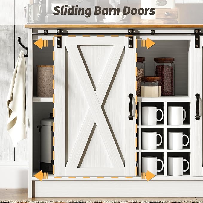 4ever2buy Farmhouse Coffee Bar Cabinet with 6 Hooks, 47'' Kitchen Coffee Bar with Hutch and 9 Wine Racks, White Sideboard Buffet with Sliding Barn Door for Dining Living Room