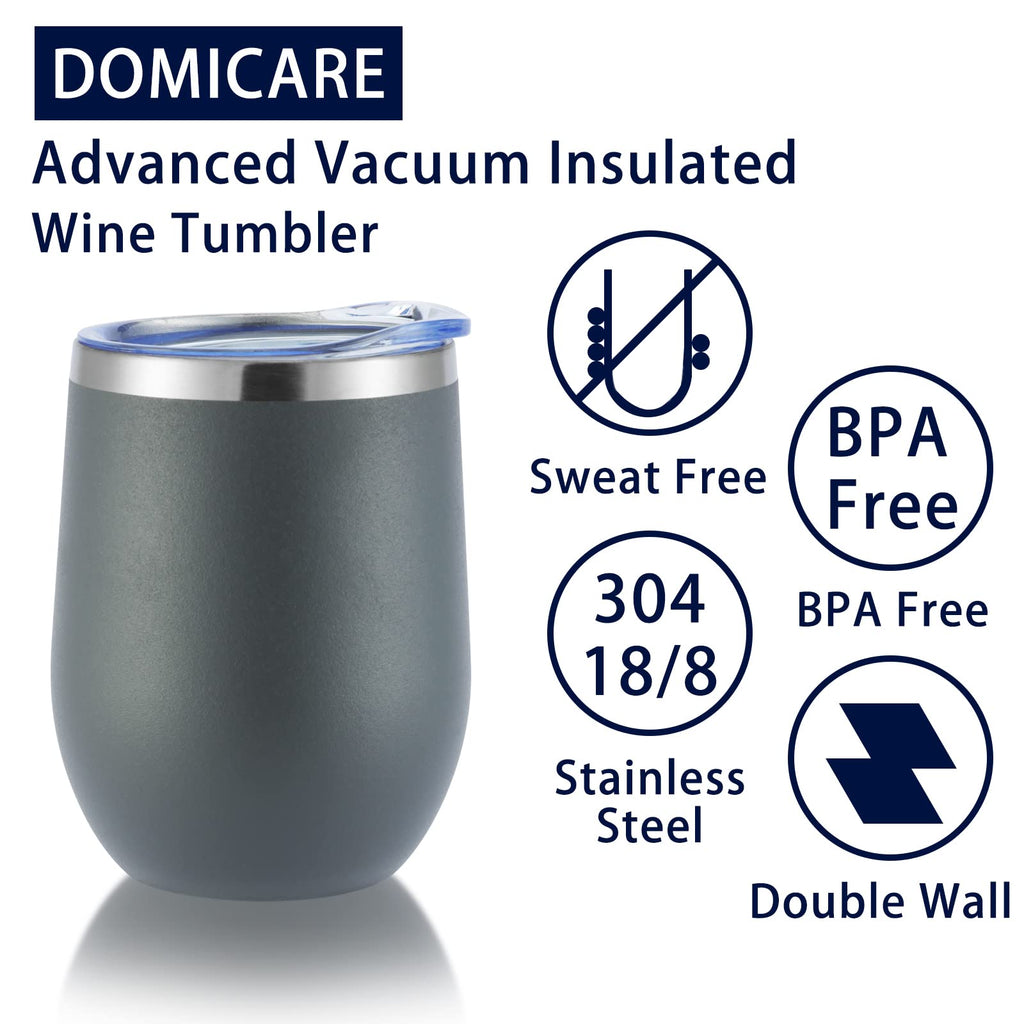DOMICARE Stainless Steel Wine Tumbler Bulk with Lid, Personalized Insulated Tumblers Set, 12oz Travel Coffee Cups Pack of 8, Gray