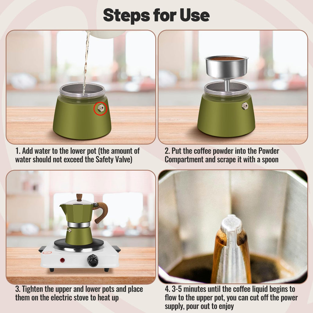 Vaolvpant 3 Cup Aluminum Moka Pot Classic Stovetop Espresso Coffee Maker 150ml 5oz Coffeemaker Percolator Mocha Pot Greca Coffee Maker Cafe Makers for Italian and Cuban Café Brewing Green