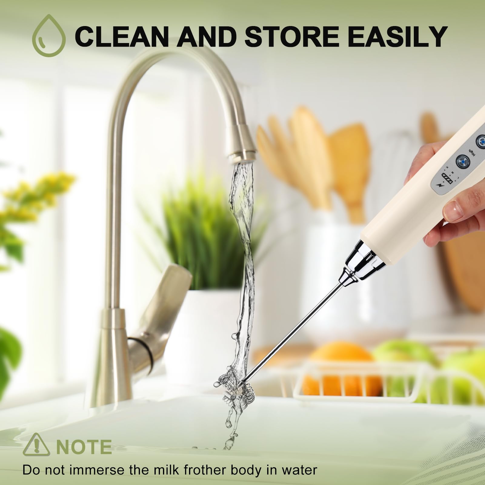 YUSWKO Handheld Milk Frother Wand for Coffee, Rechargeable Electric Whisk with 3 Heads 3 Speeds Drink Mixer Coffee Frother For Latte, Cappuccino, Hot Chocolate, Egg, Beige