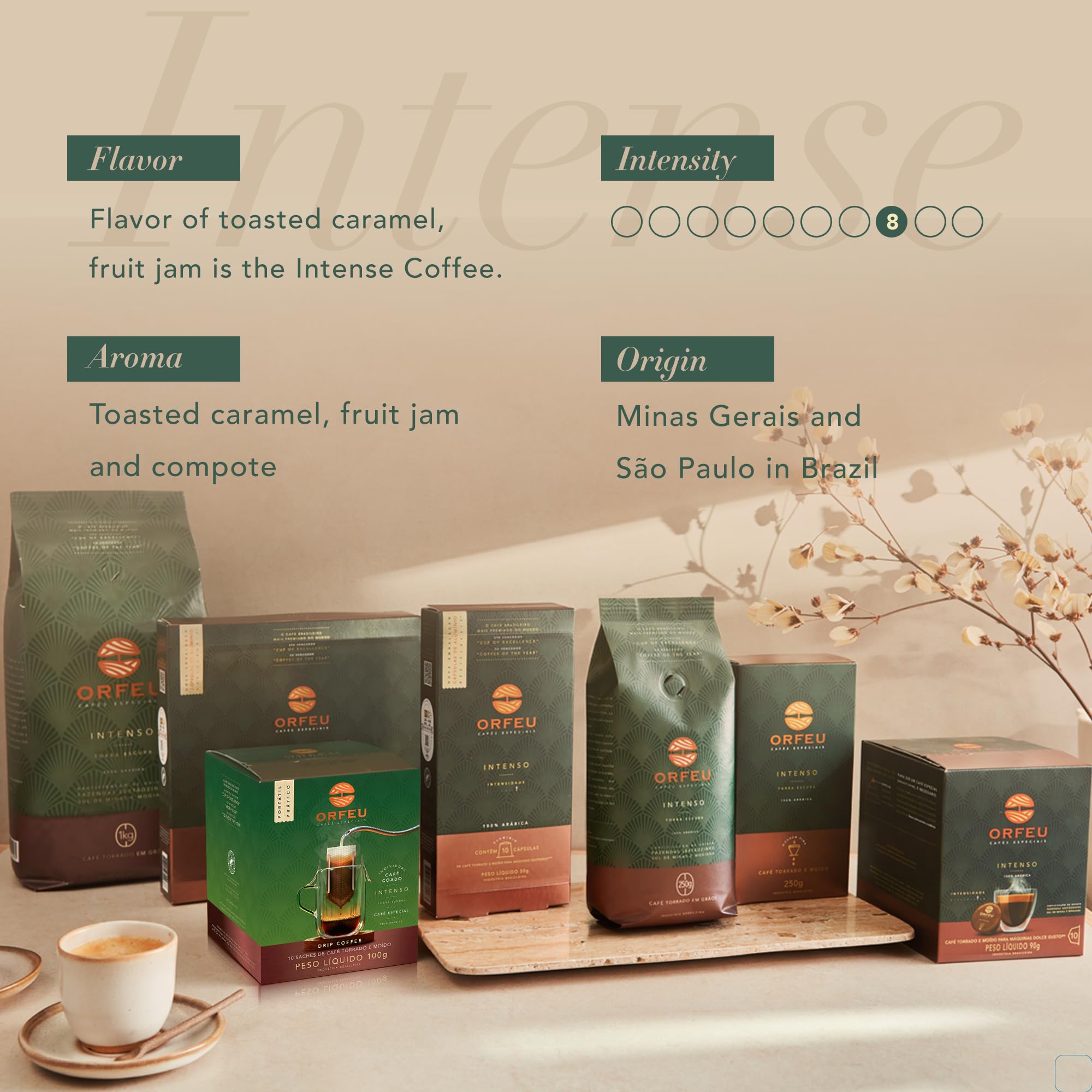 ORFEU - Specialty Coffee Intense - Drip Sachet - Arabica, Dark Roast, Notes of Toasted Caramel & Fruit Jam - Low Acidity - 10 Units (3.52 oz / 100g)