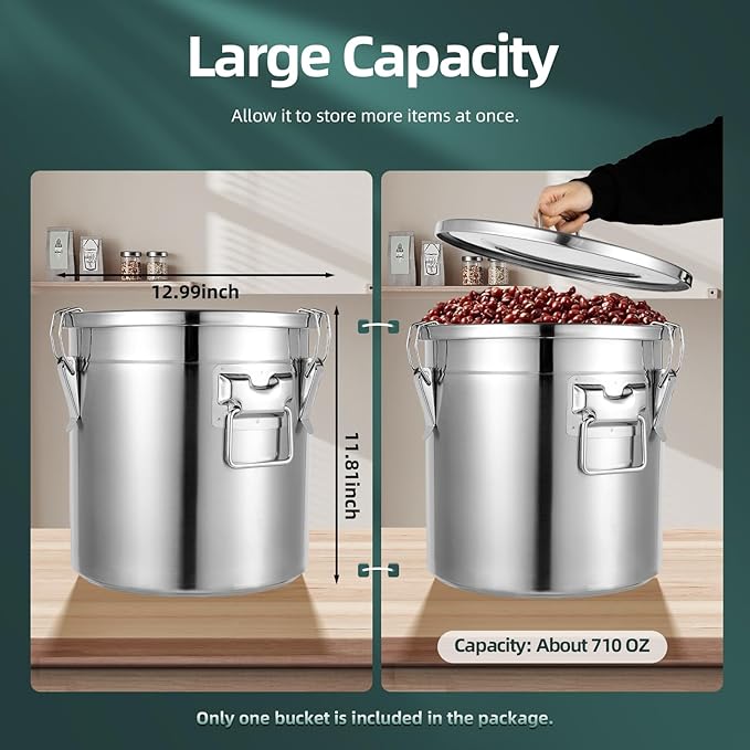 PERFERATE 304 Stainless Steel Airtight Canister 6L/12L Food Storage Bucket with Lids and Sturdy Locking Clamp Metal Cereal Rice Storage Container for Flour, Coffee Bean, Sugar, Cookie (21L)